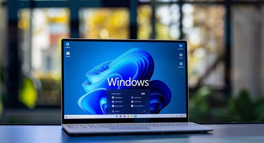 Laptop displaying the Windows 11 home screen.